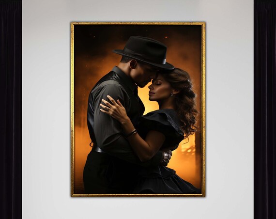 Romantic Tango Dance Couple Embrace Dramatic Amber Glow Ballroom Poster