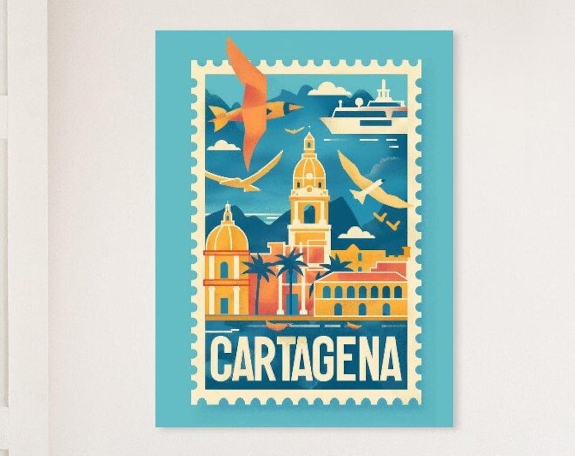 Cartagena Colonial Towers Seabirds Vintage Travel Stamp Poster