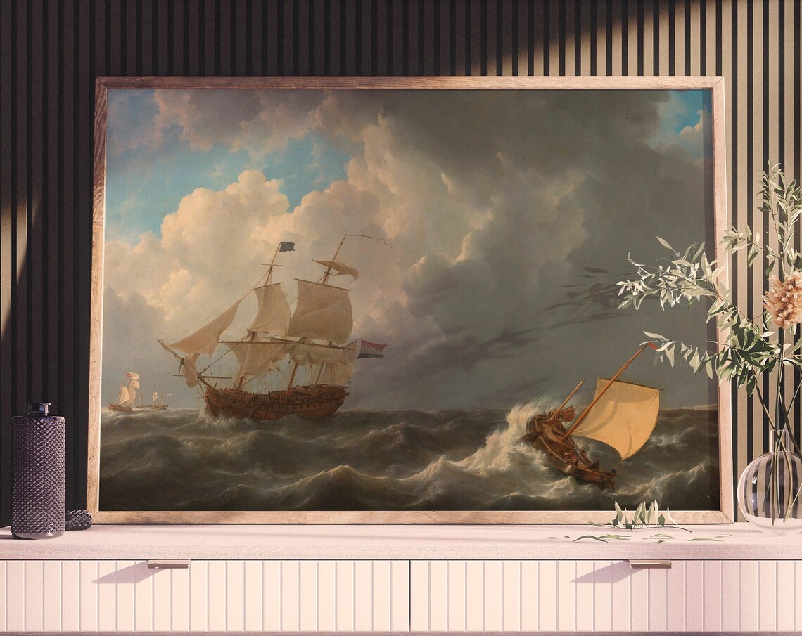 Tall Ships Battling Stormy Seas Dramatic Maritime Painting Poster