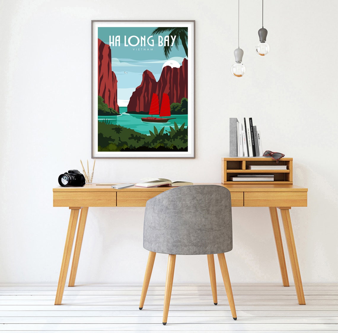 Ha Long Bay Vietnam Red Sails Junk Boat Cliffs Travel Poster - Image 2