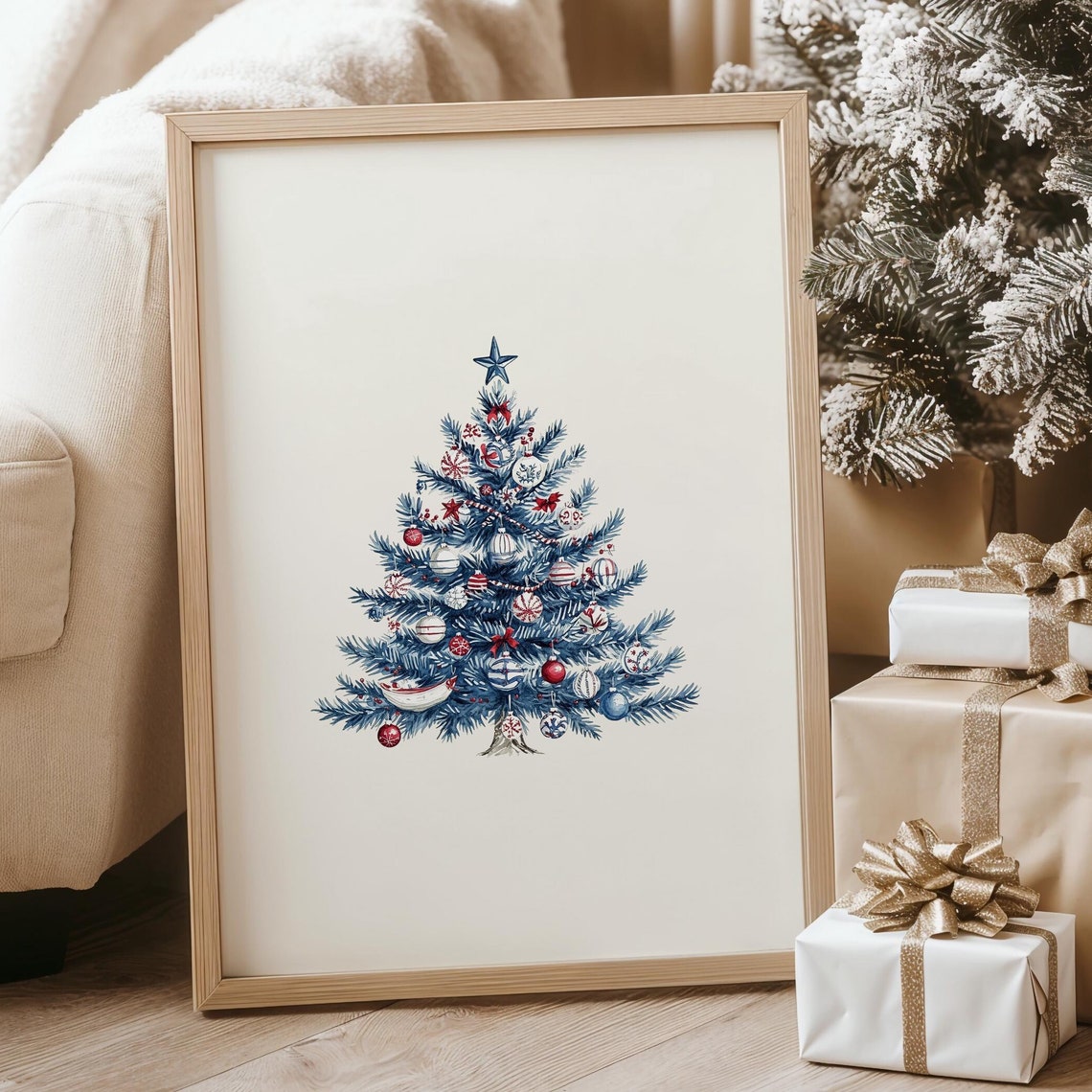 Nautical Christmas Tree Watercolor Blue Coastal Holiday Decor Poster