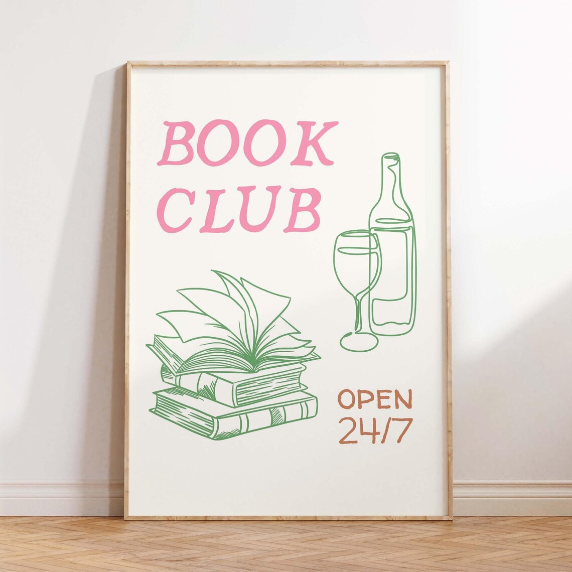 Pink and Green Line Art Book Club Open 24/7 Wine Reader Poster