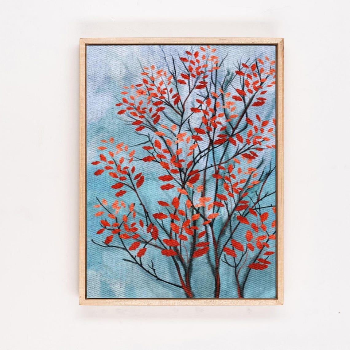 Crimson Red Autumn Leaves Tree Against a Pale Blue Sky Poster - Image 4