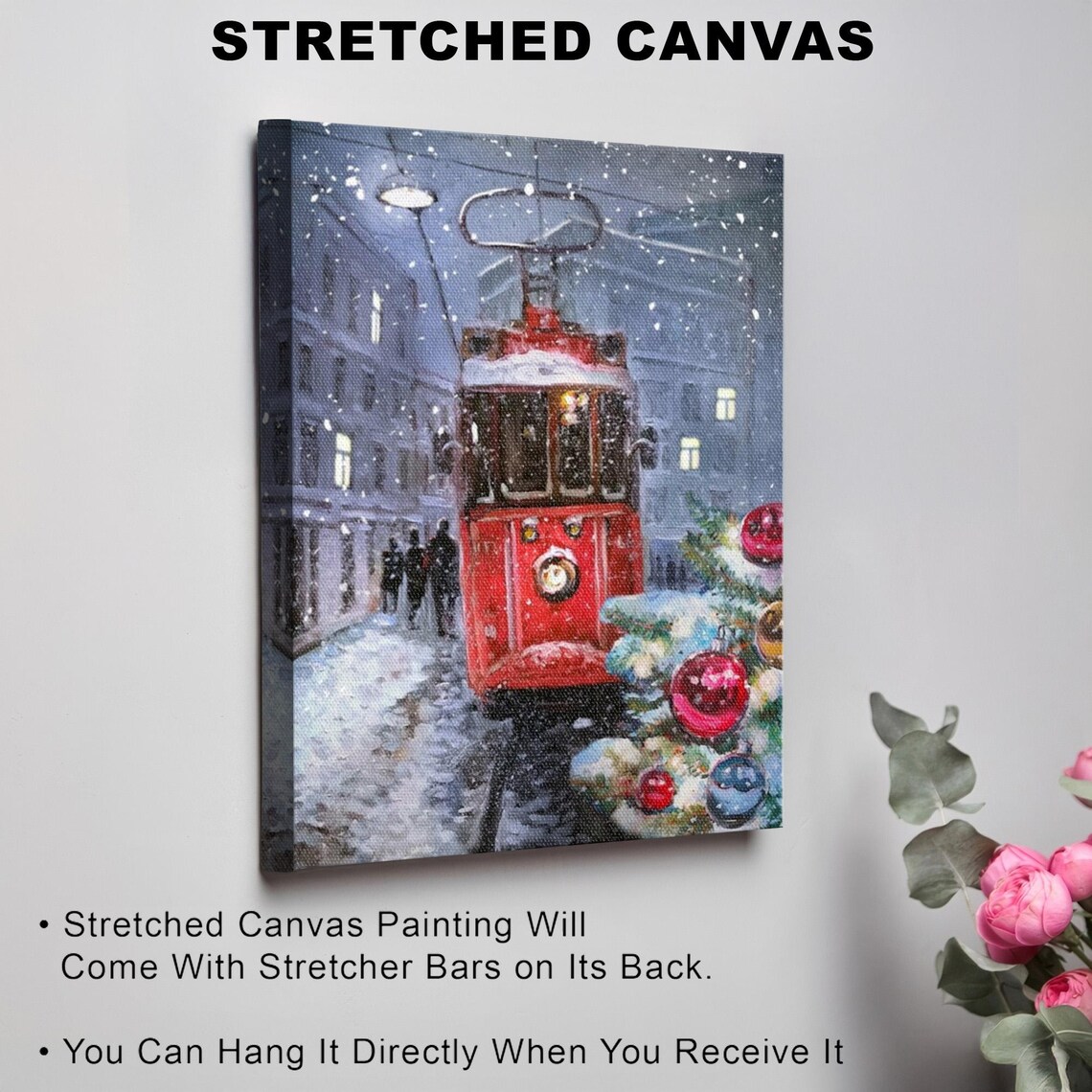 Vintage Red Tram in a Snowy City at Christmas Beside a Lit Tree Poster - Image 3