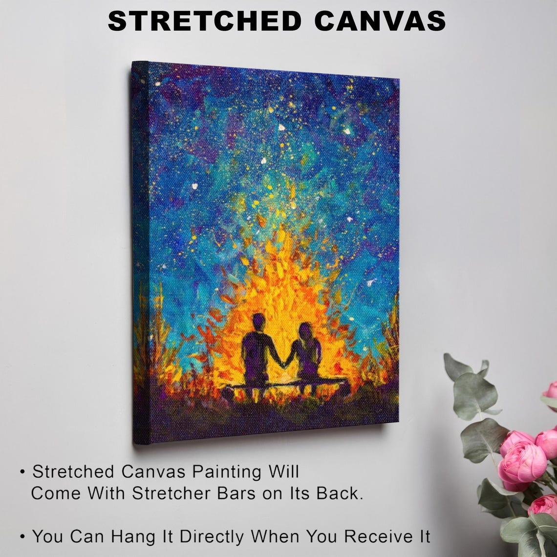 Couple Silhouette By Bonfire Under Starry Night Sky Painting Poster - Image 3