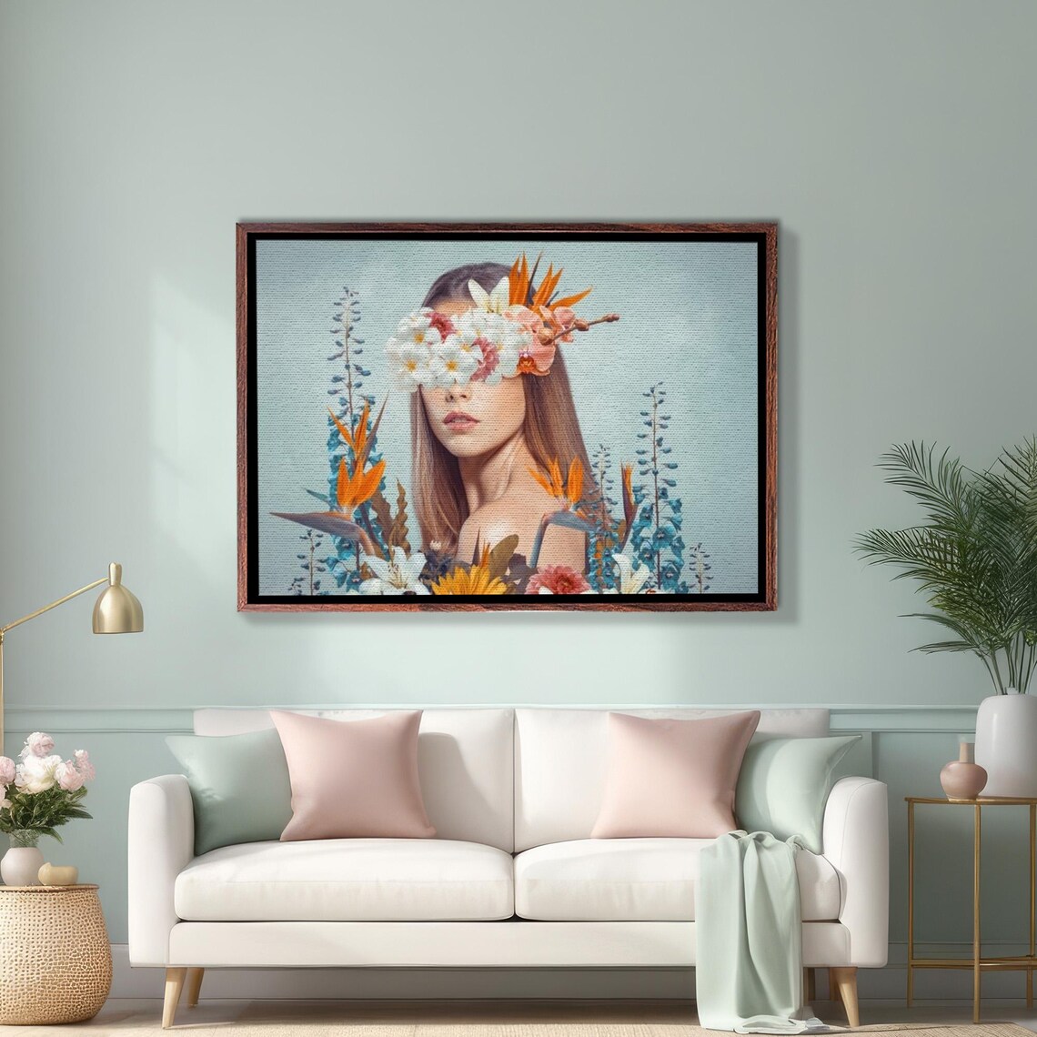 Surreal Woman Portrait With Flowers Over Eyes Botanical Poster