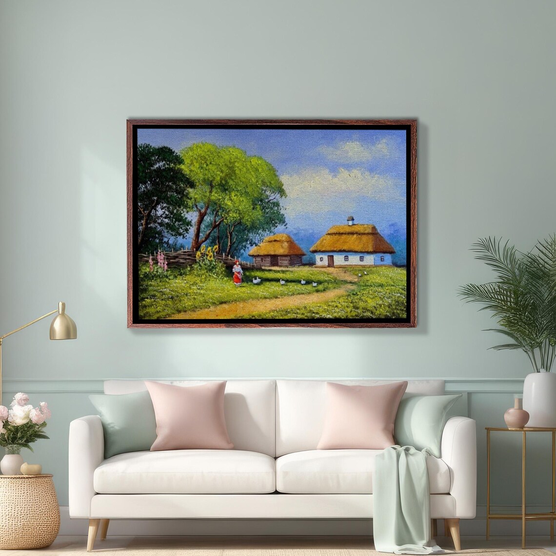 Ukrainian Thatched Village Cottages with Sunflowers Landscape Poster