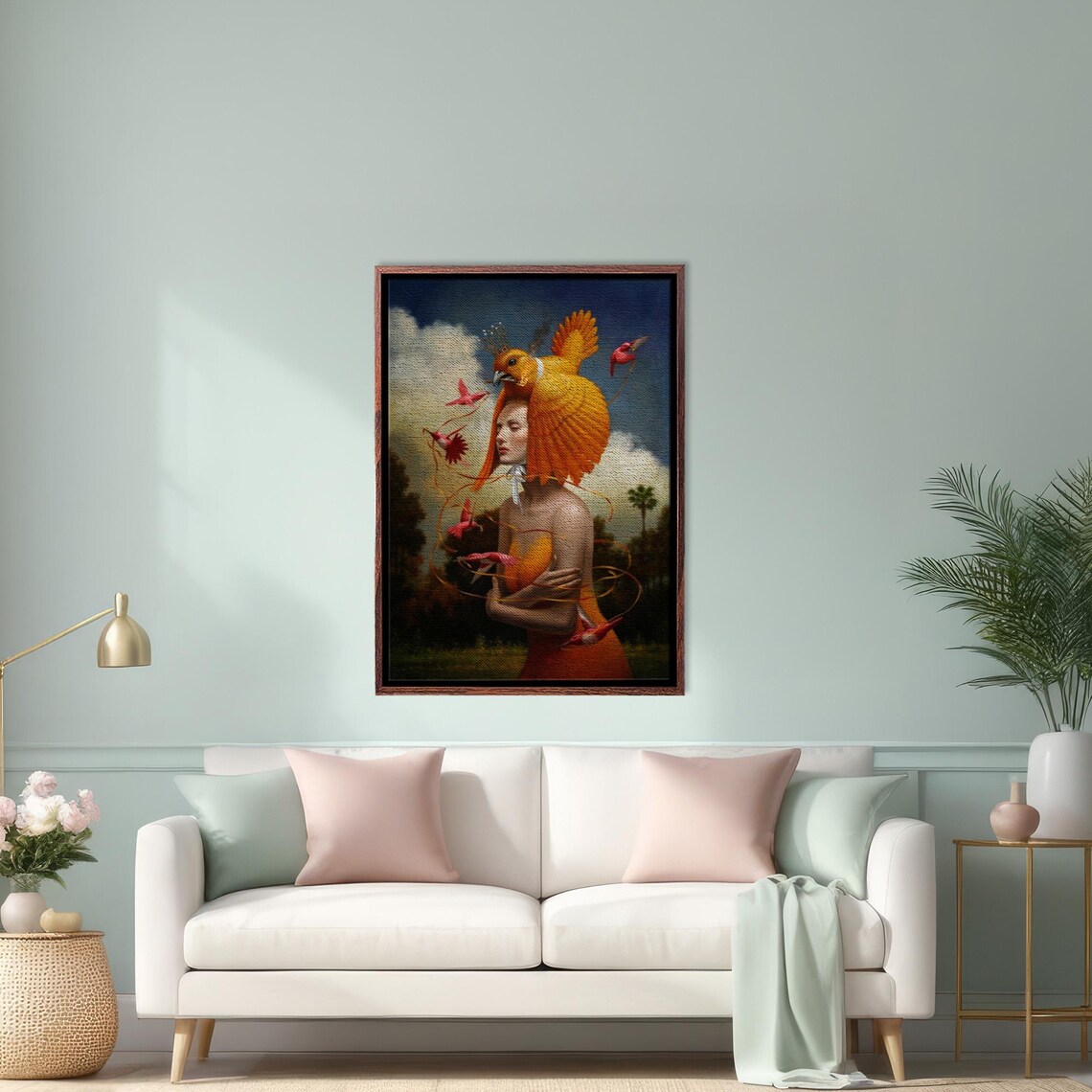 Surreal Woman With Golden Bird Crown In Orange Dress Art Poster