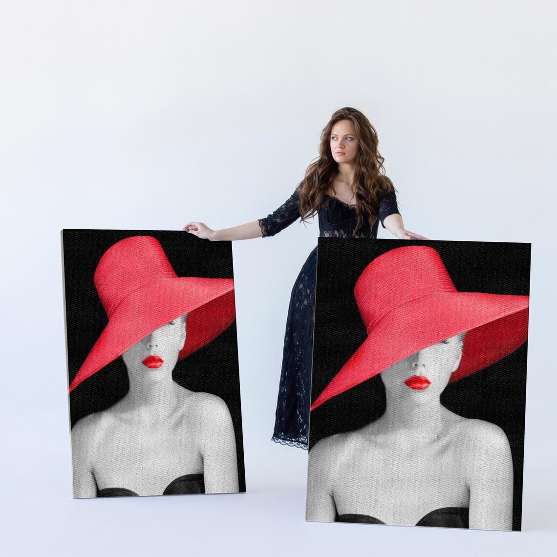 Elegant Woman in Red Hat and Red Lips Black Background Poster - Image 5