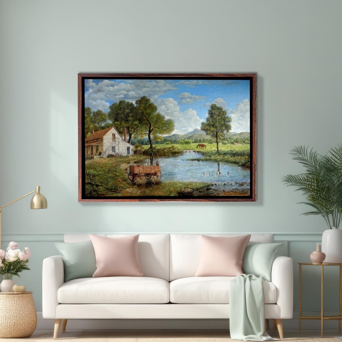Peaceful Country Village House By A Winding Stream Landscape Poster