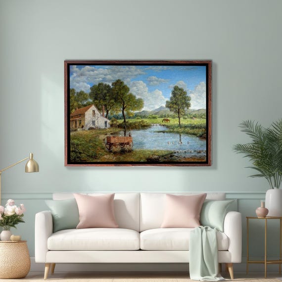 Village And Stream Landscape Decorative Wall Painting Landscape Wall Table Nature Print Nature Decor