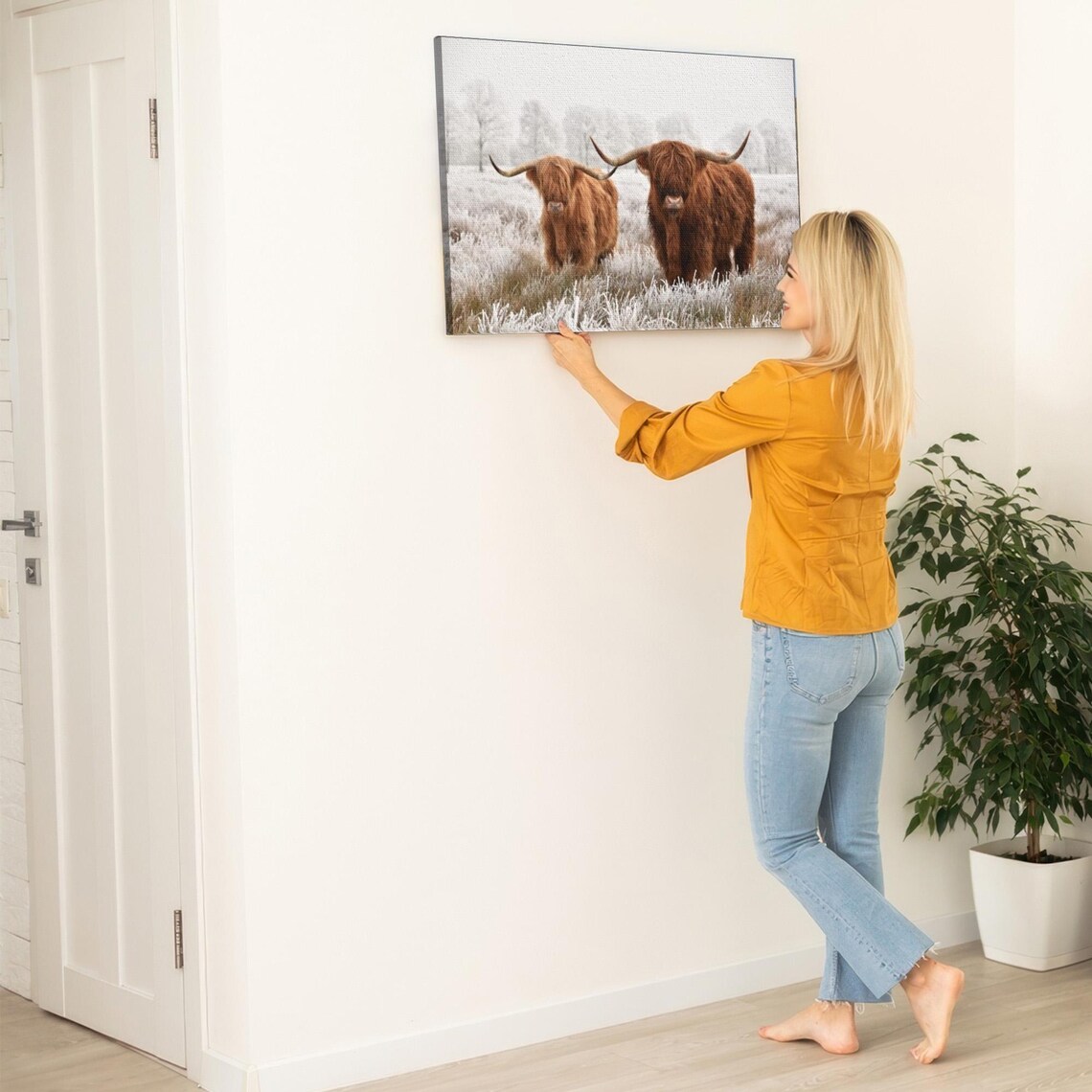 Two Highland Cows In Frosty Winter Field Morning Painting Poster - Image 5
