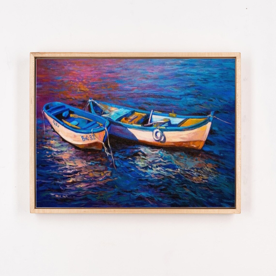 Two Fishing Boats On Shimmering Blue Sea Sunset Painting Poster - Image 4
