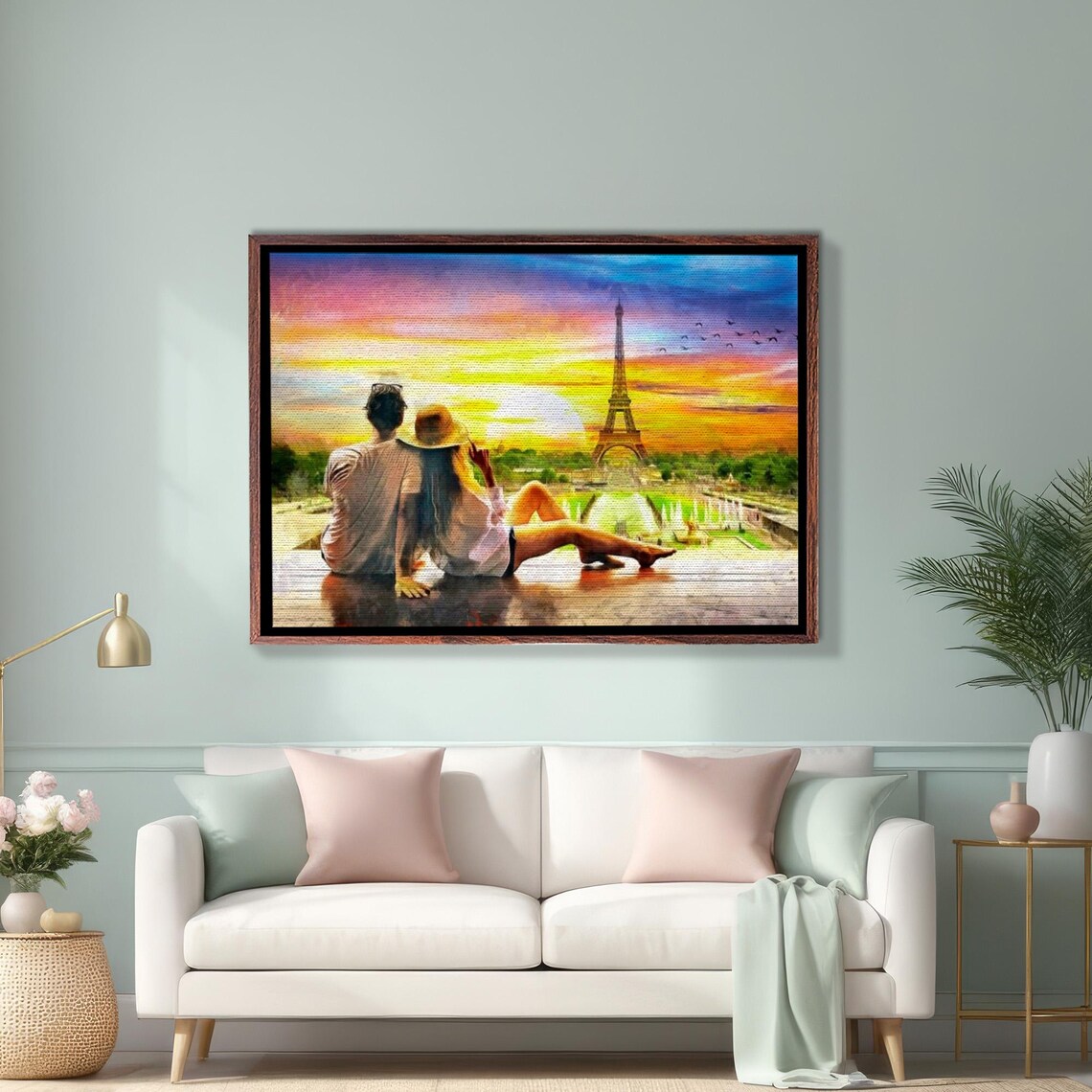 Romantic Couple Watching Eiffel Tower Sunset In Paris France Poster