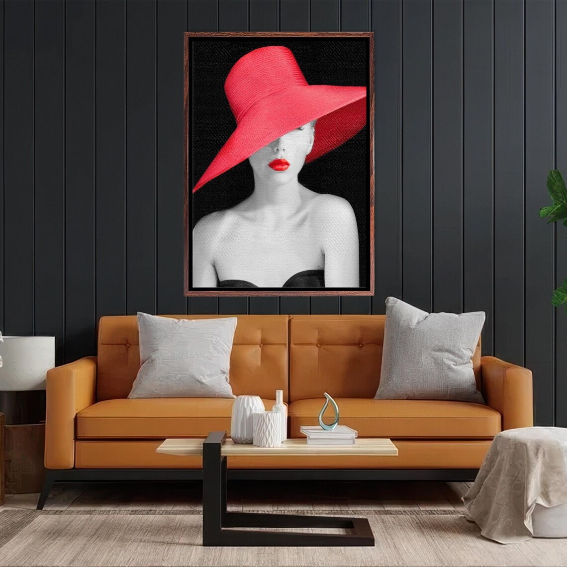 Elegant Woman in Red Hat and Red Lips Black Background Poster - Image 2