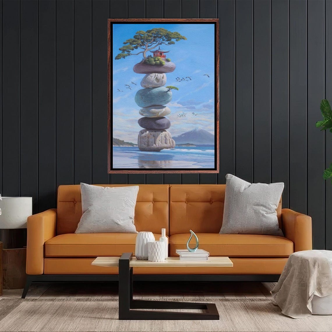 Surreal Stacked Zen Stones Tower with Pagoda by the Sea Poster - Image 2