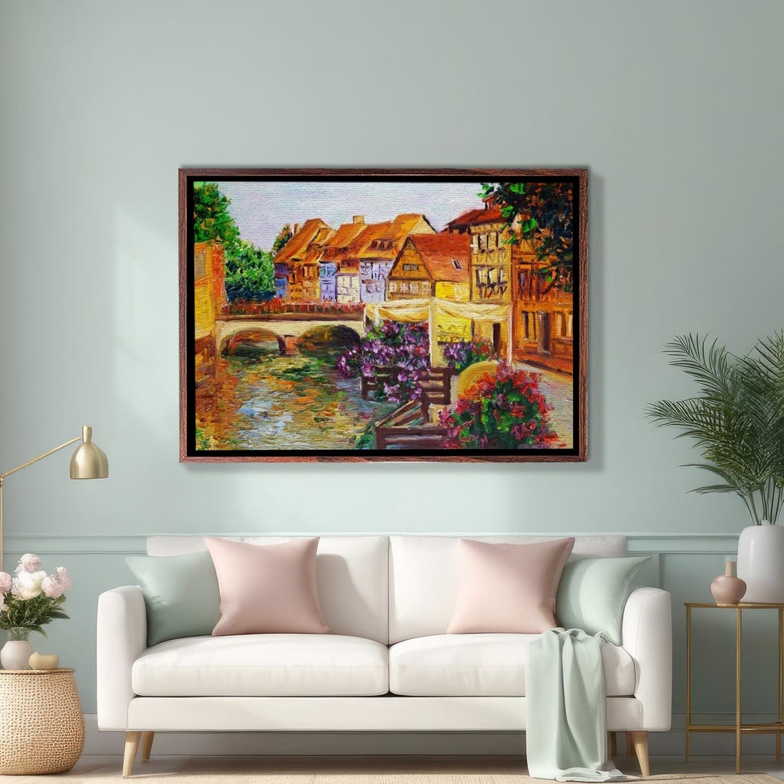 Charming European Old Town Canal Bridge Flower Houses Poster