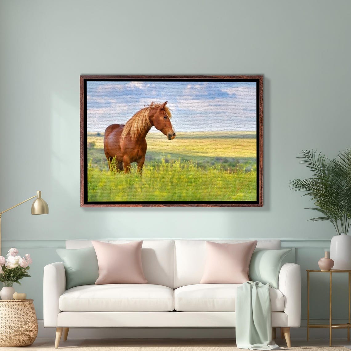 Chestnut Horse Standing in a Sunlit Green Meadow Painting Poster