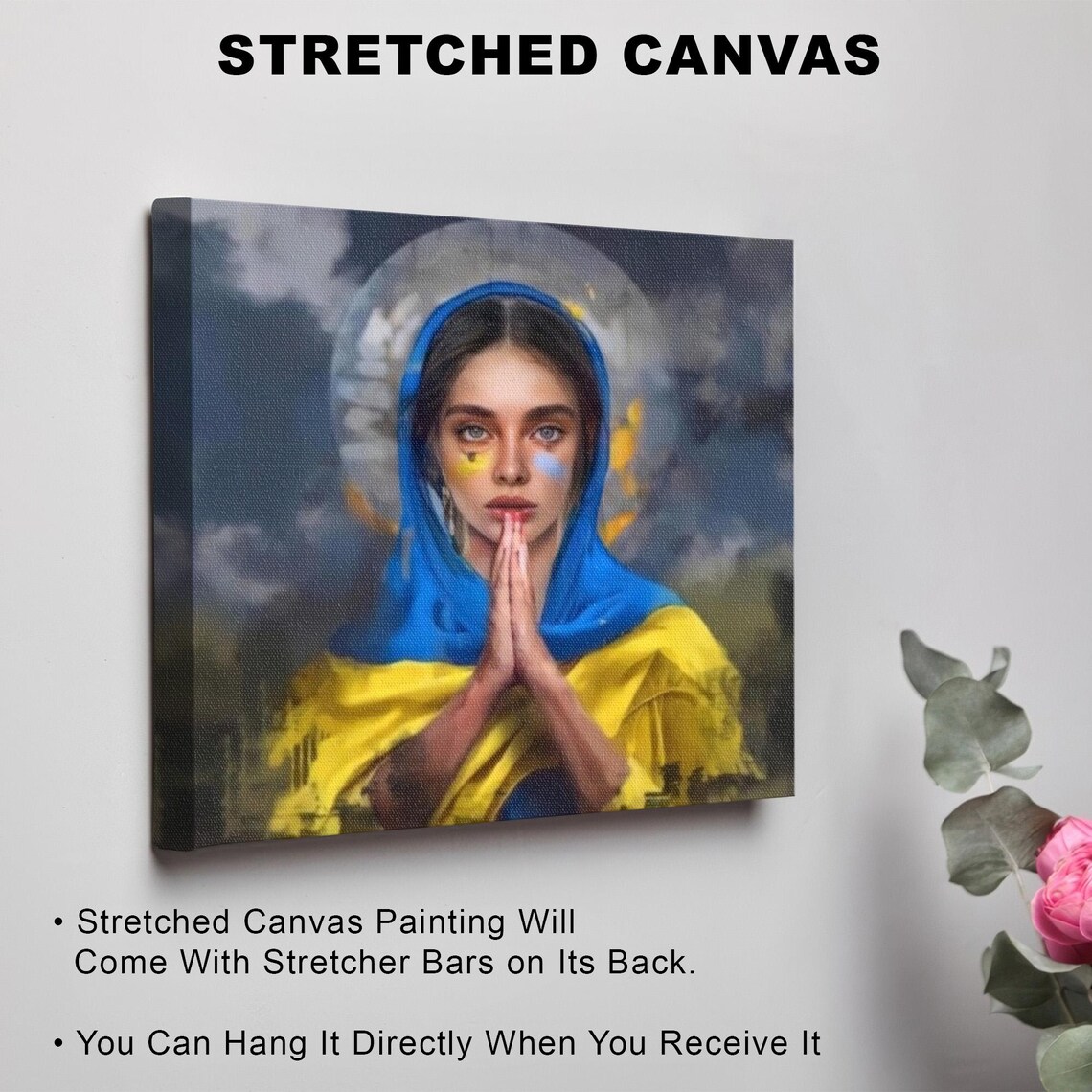 Praying Woman in Blue and Yellow Wrapped in Faith Portrait Poster - Image 3