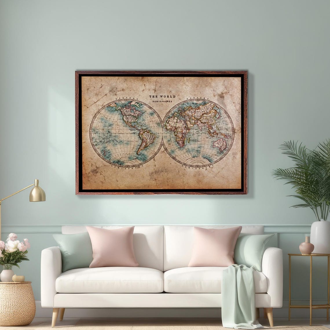 Antique The World in Hemispheres Vintage World Map Wall Poster