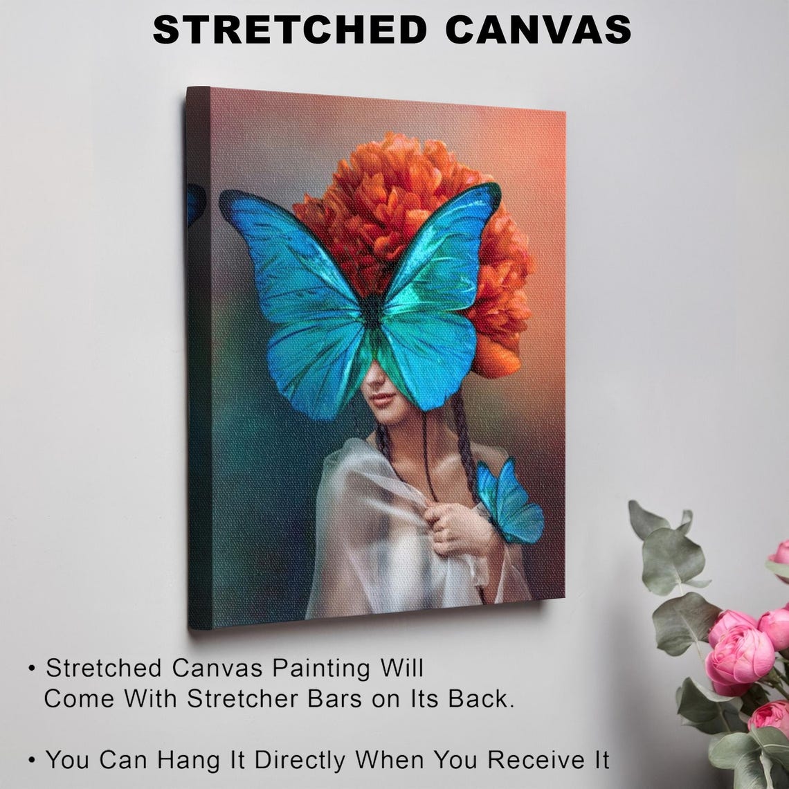 Blue Butterfly Woman Oil Painting Look Decorative Wall Print Framed Wall Art Surreal Wall Art Surreal Print - Image 3