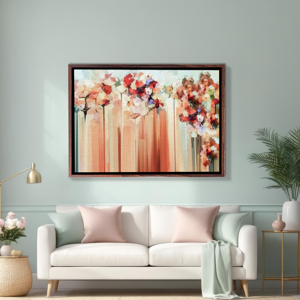 Abstract Coral and Peach Flowers in Tall Vases Floral Art Poster