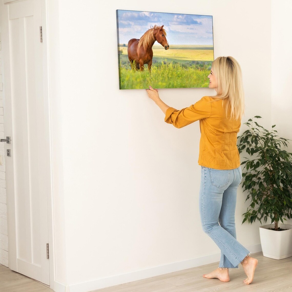 Chestnut Horse Standing in a Sunlit Green Meadow Painting Poster - Image 5