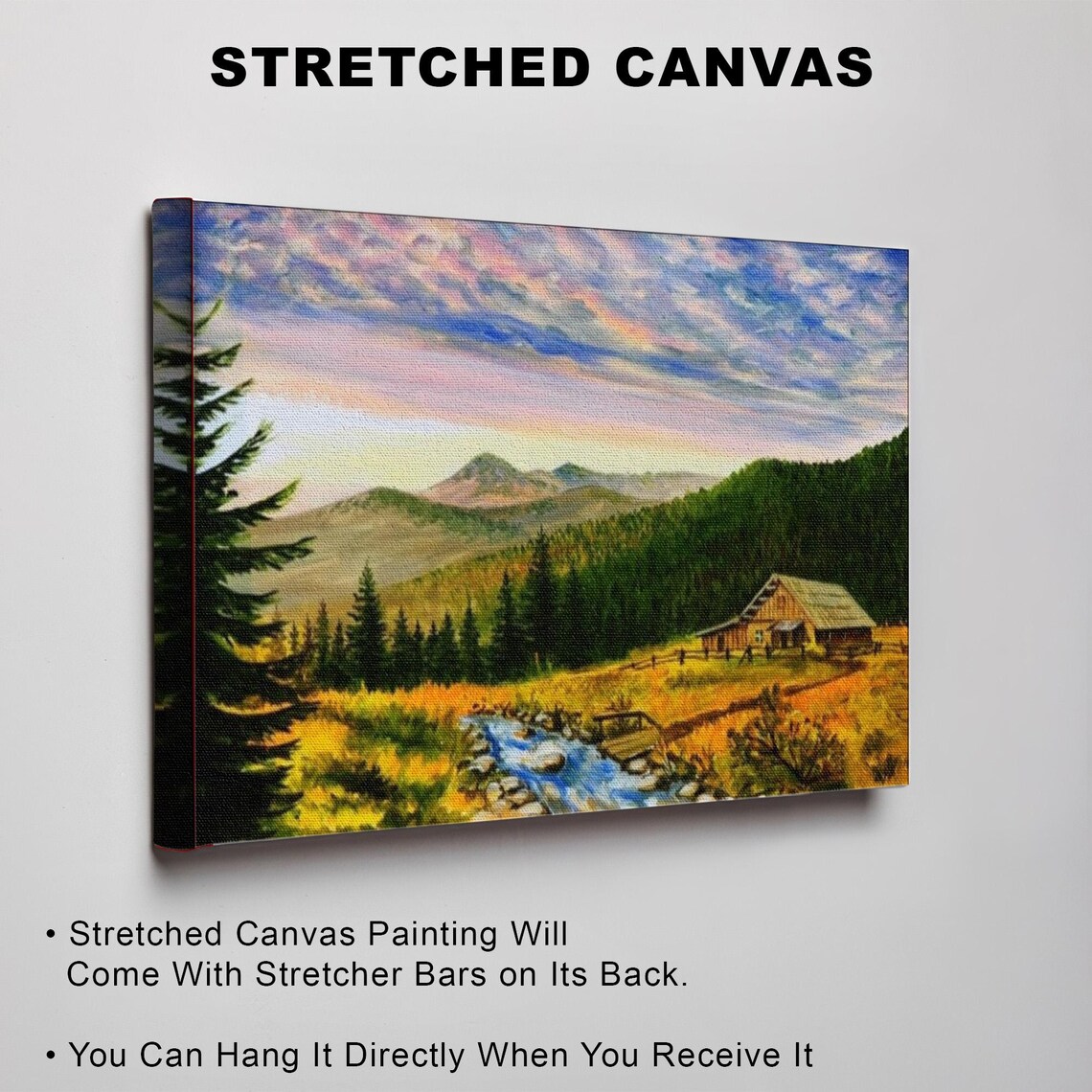 Carpathian Mountain Cabin by a Stream at Sunset Landscape Poster - Image 3