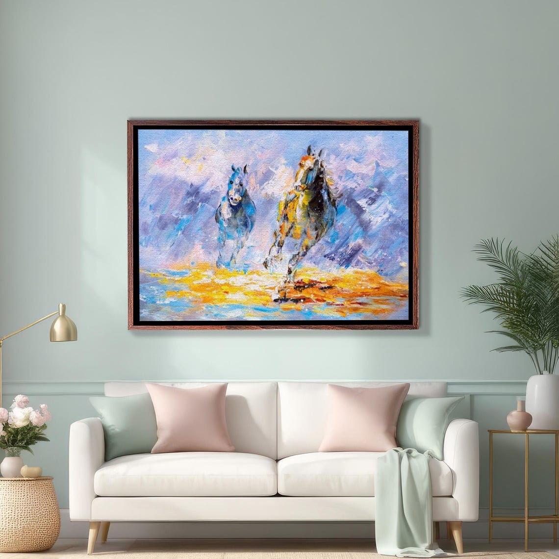 Two Wild Horses Running Through Abstract Blue and Gold Poster