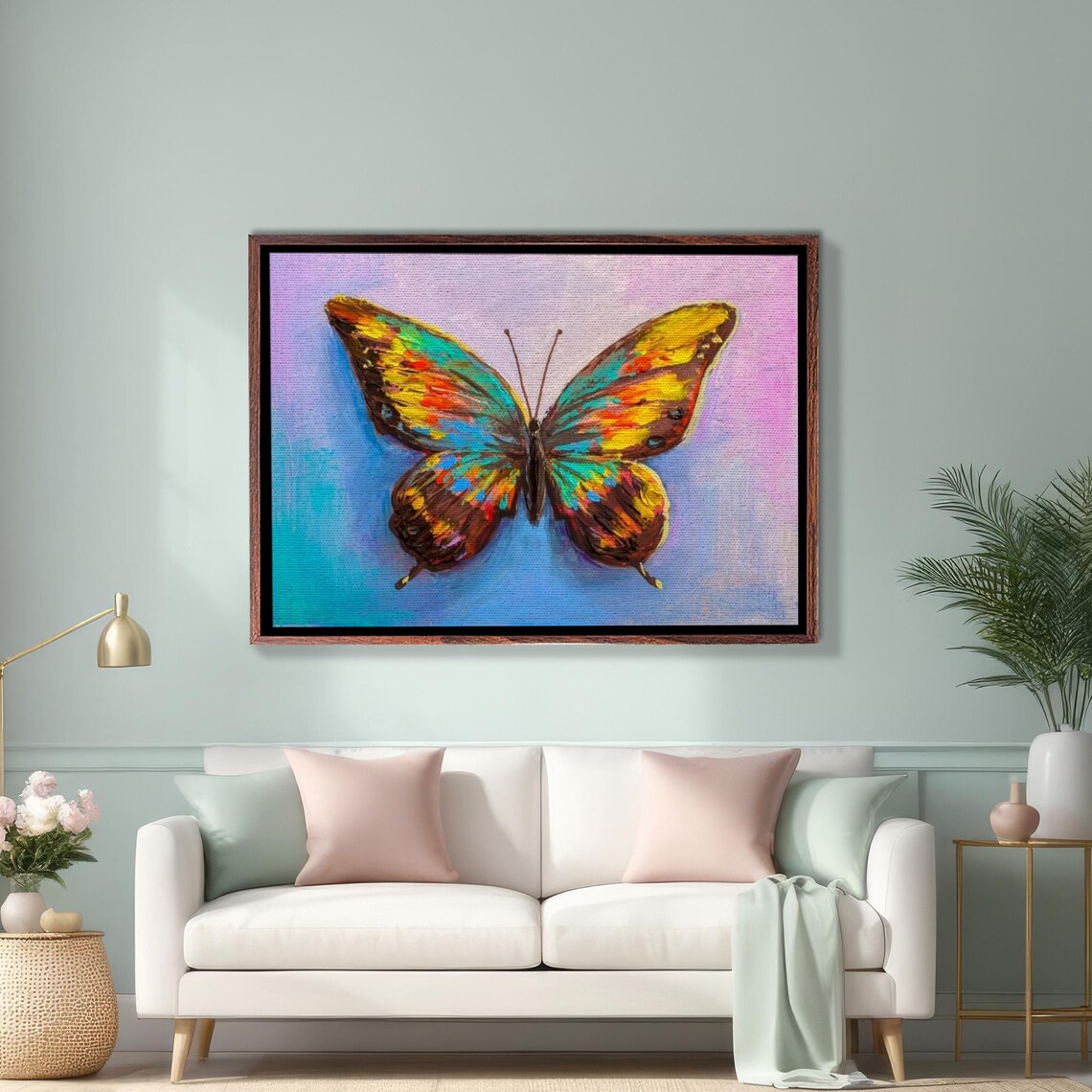 Colorful Rainbow Butterfly Wings on Blue Background Art Poster