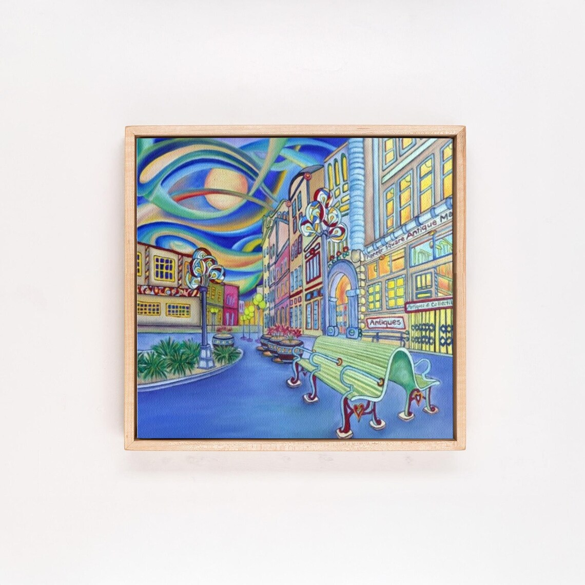 Colorful Illustrated City Street with Benches at Dusk Poster - Image 4