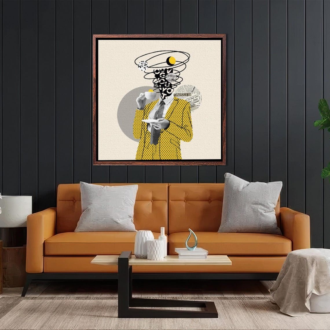 Surreal Pop Art Man in Yellow Polka Dot Suit Drinking Coffee Poster - Image 2