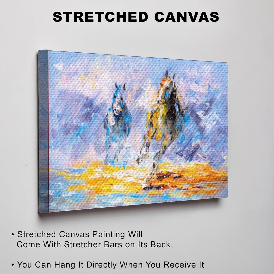 Two Wild Horses Running Through Abstract Blue and Gold Poster - Image 3
