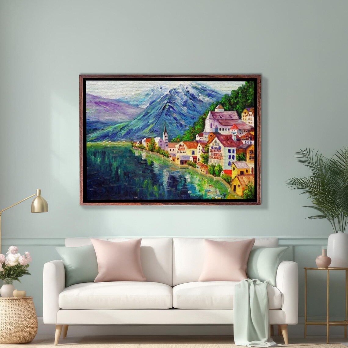 Alpine Lakeside Village With Church And Mountains Painting Poster
