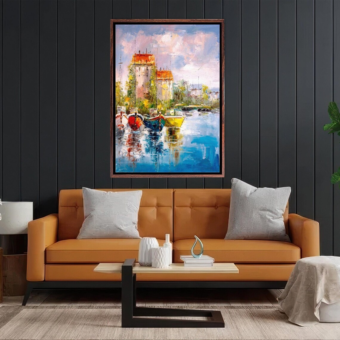 Colorful Fishing Boats in Harbor by Old Tower Painting Poster - Image 2