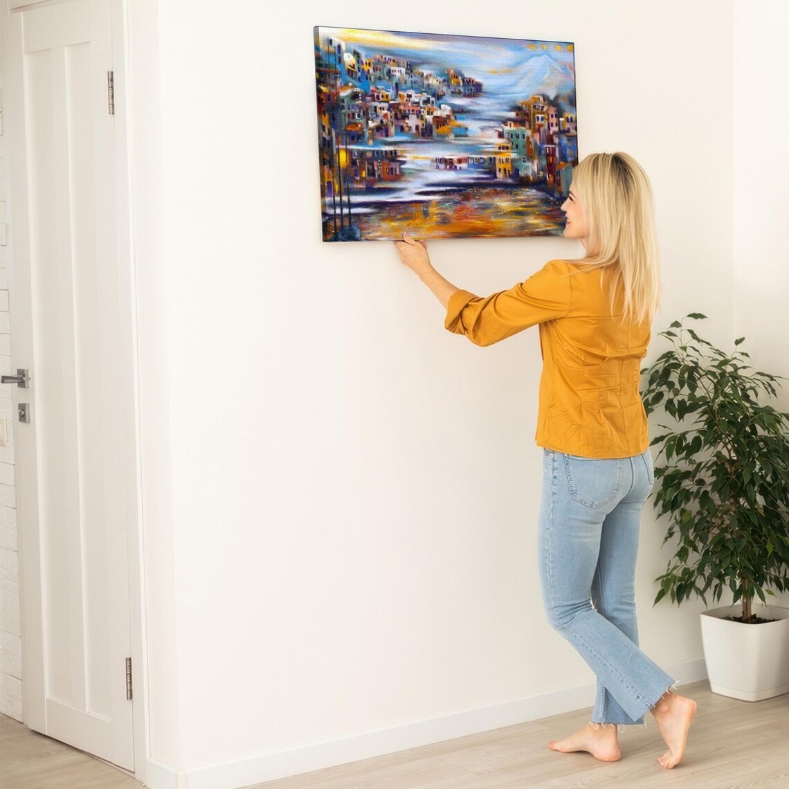 Vibrant Coastal Village Below Volcano Abstract Painting Poster - Image 5