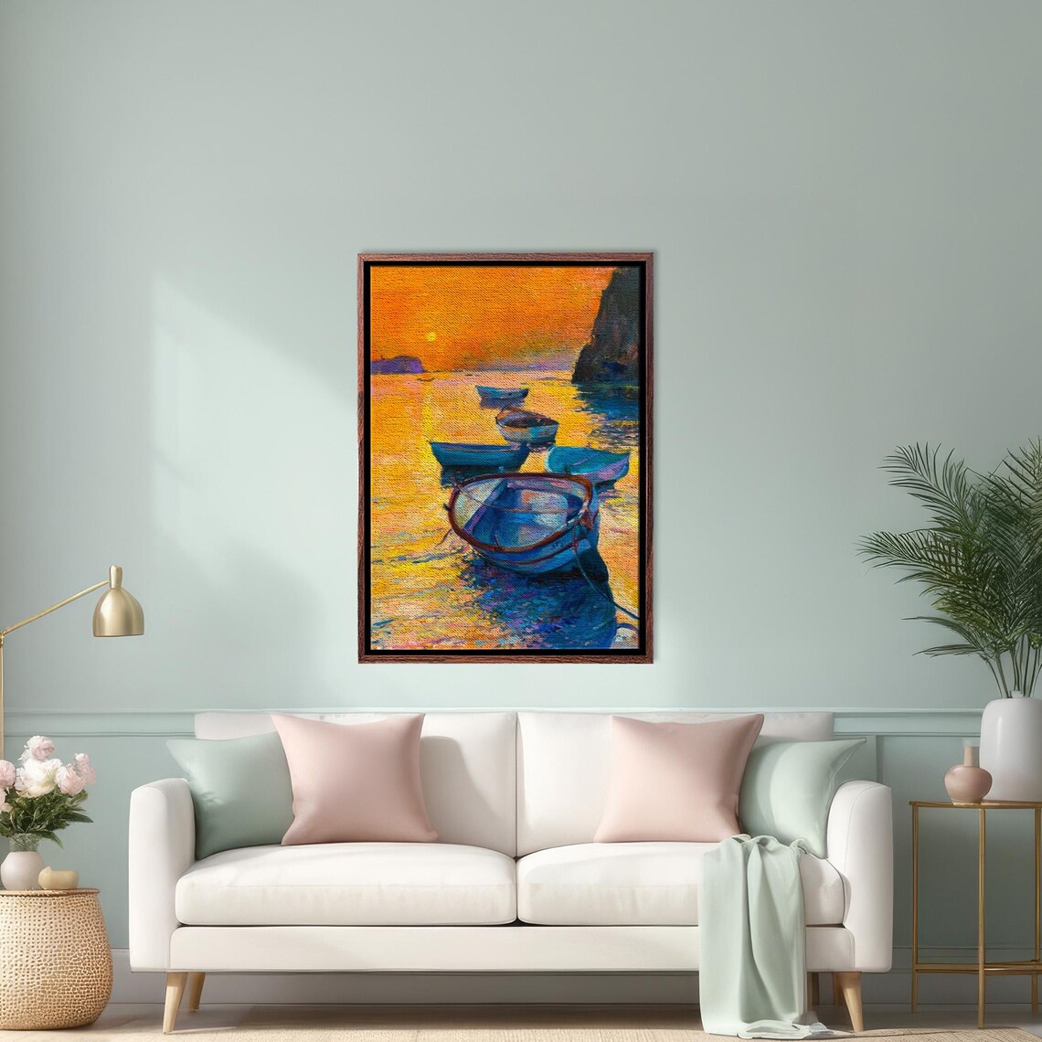Fishing Boats On Shore At Golden Sunset By The Sea Oil Painting Poster