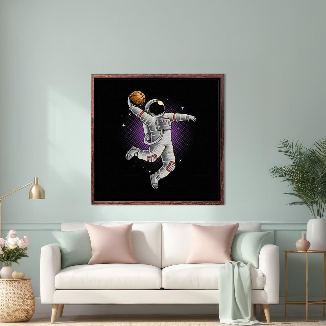 Astronaut Playing Basketball On The Moon Painting Sports Print Housewarming Gifts Large Wall Art Sports Wall Art