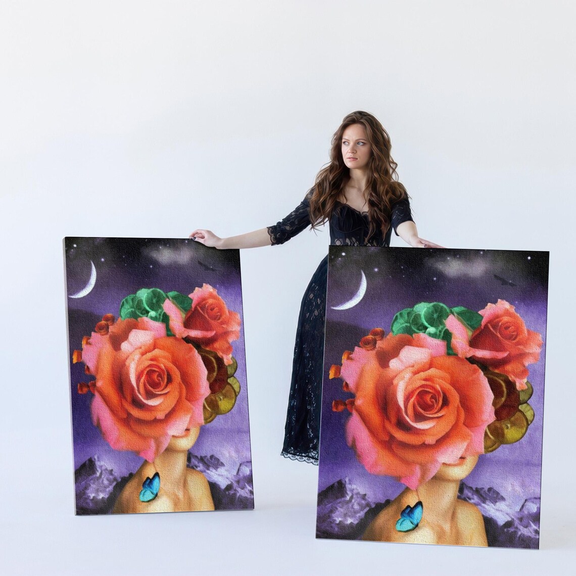 Surreal Rose Headed Woman Under Crescent Moon Night Sky Poster - Image 5