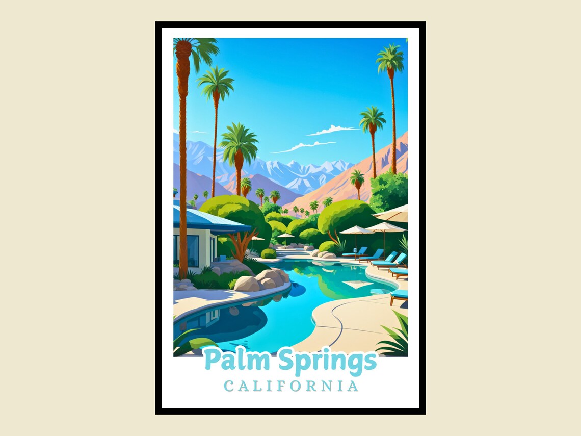 Palm Springs California Resort Pool Palm Trees Desert Travel Poster