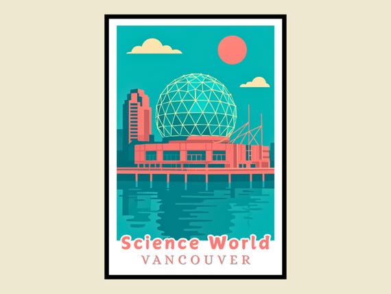 Science World Vancouver Framed Poster Retro Travel Gift Cityscape Print Canada Art Landmark Decor Idea