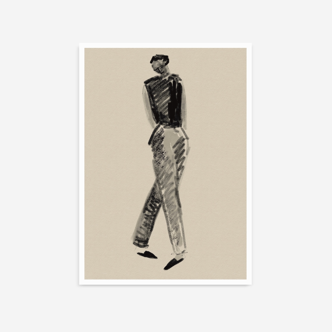 Charcoal Striding Figure Neutral Beige Minimalist Fashion Poster