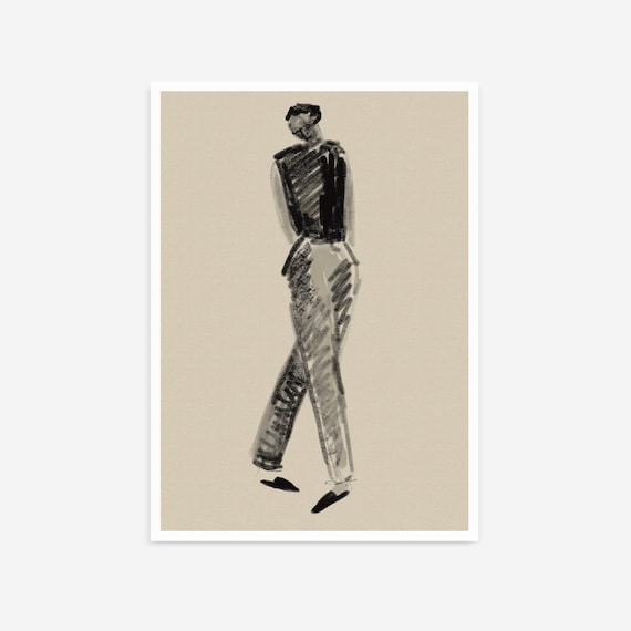 Charcoal Striding Figure Neutral Beige Minimalist Fashion Poster