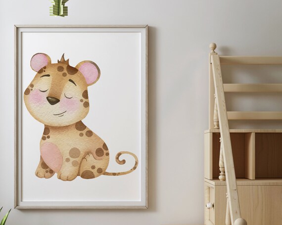 Watercolor Baby Leopard Sleeping Nursery Wall Art Cute Safari Animal Poster