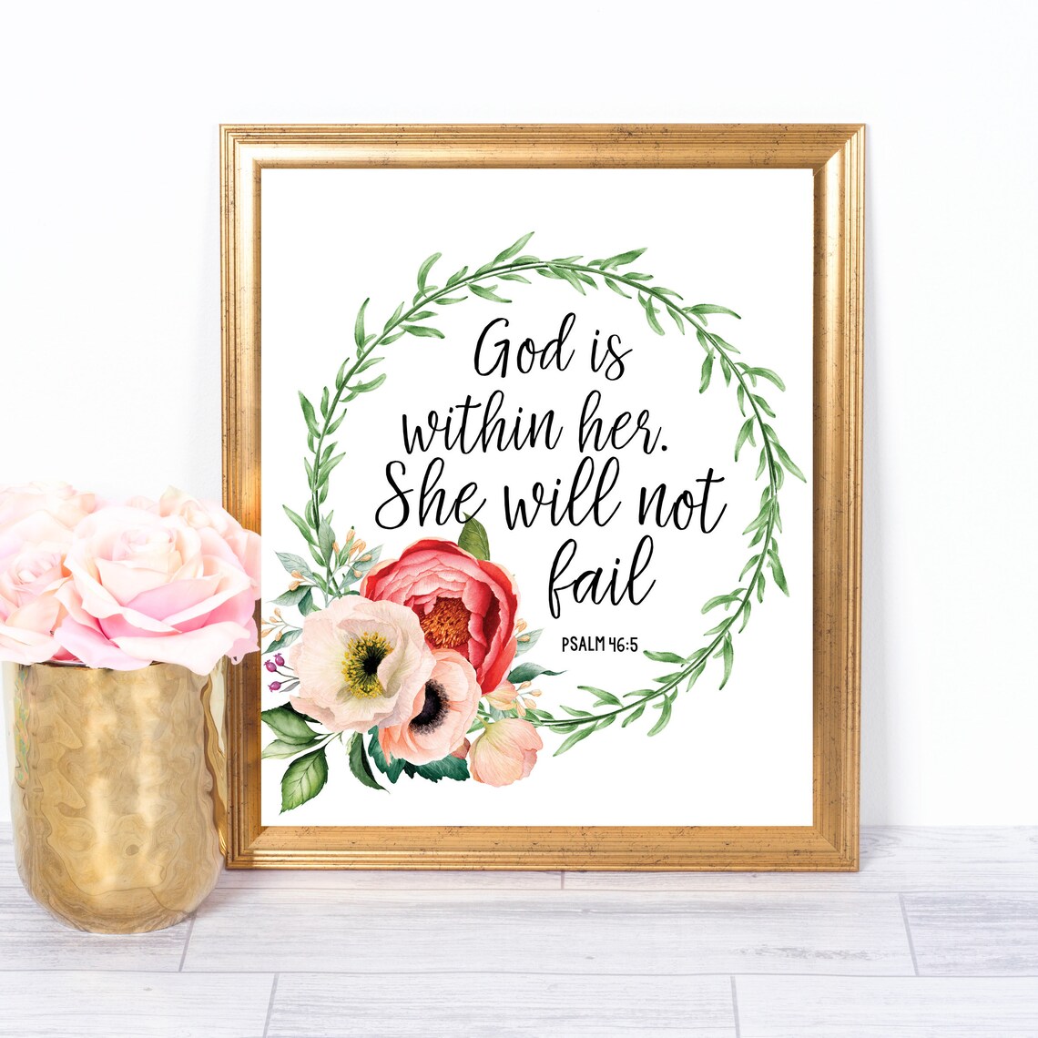 God Is Within Her She Will Not Fail Psalm 46:5 Floral Scripture Wall Art
