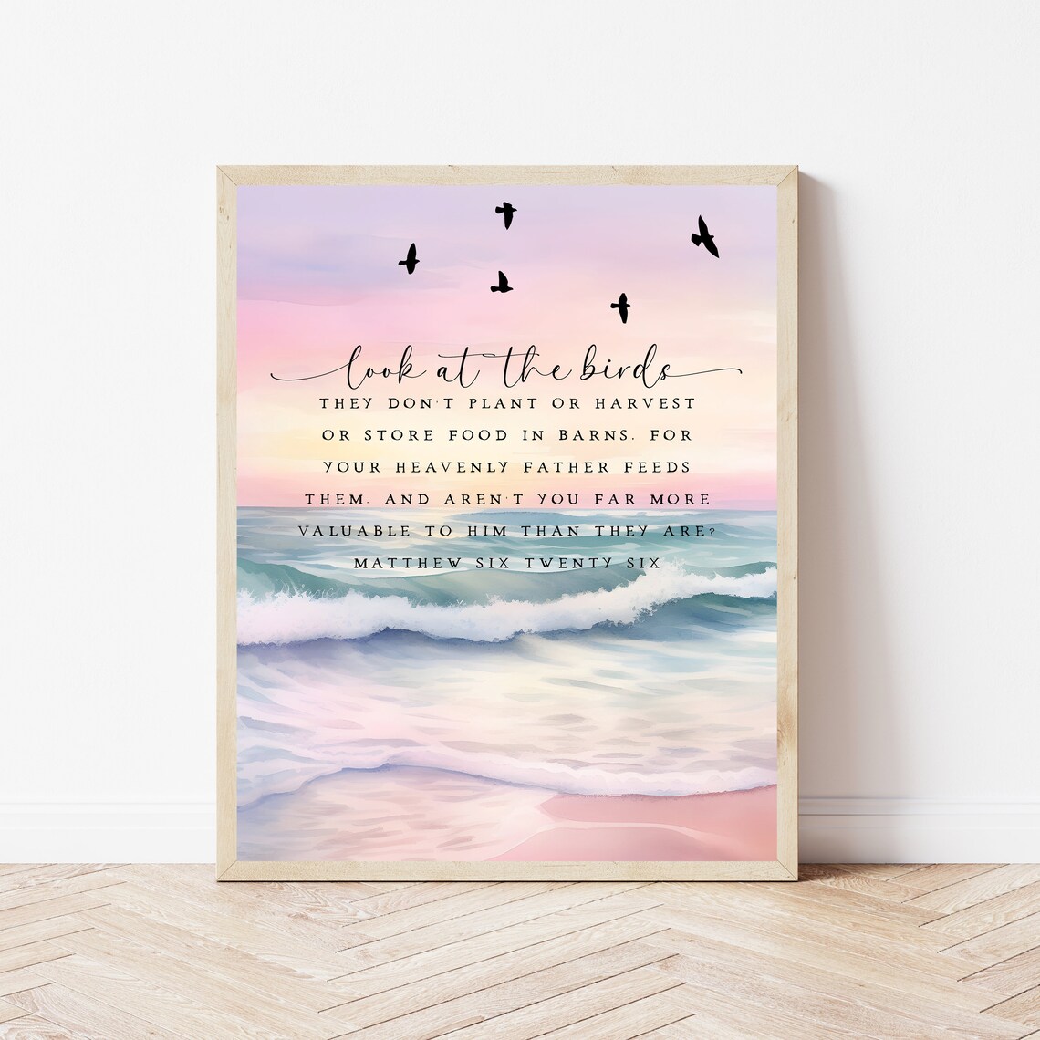 Matthew 626 Look At The Birds Ocean Scripture Print Beach Bible Verse Office Decor Christian Poster Biblical Gift Women