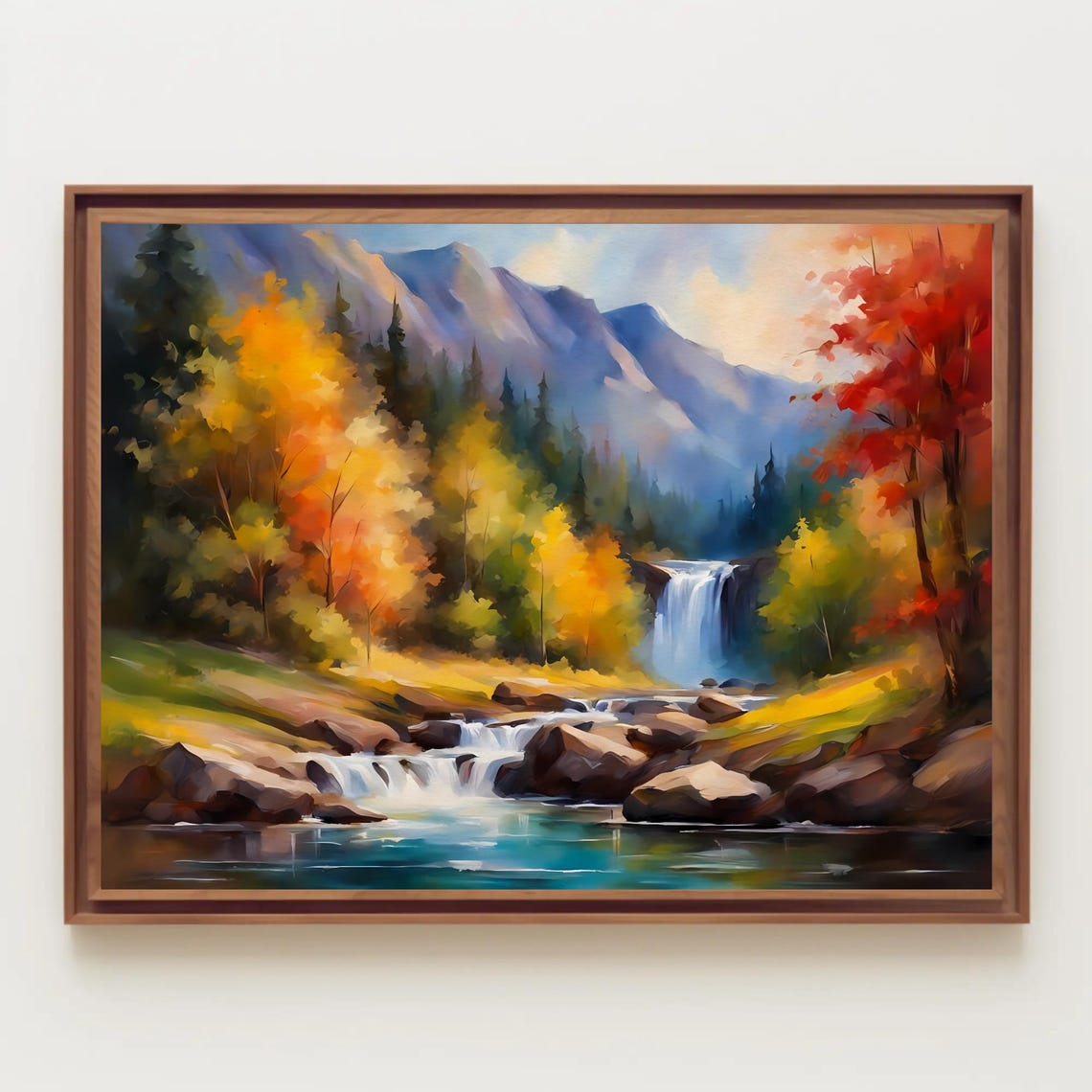 Waterfall Watercolor Painting Landscape Fall Foliage Calm Stream Art Autumn Leaves Wall Decor