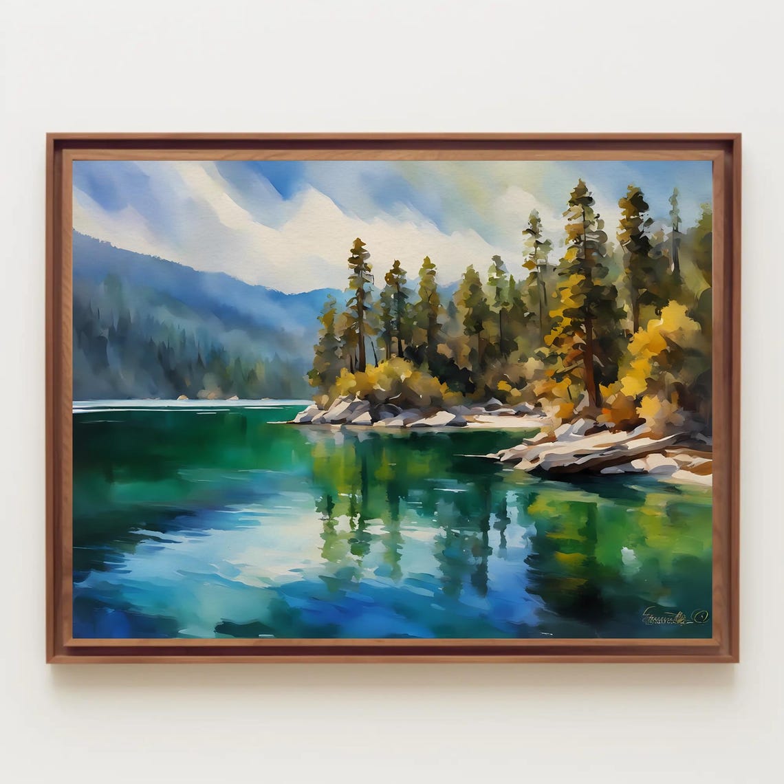 Emerald Bay Lake Tahoe Pine Forest Watercolor Landscape Poster
