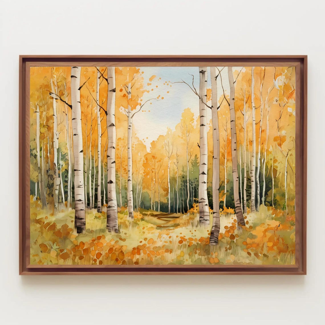 Aspen Forest During Fall Time Watercolor Painting Landscape Autumn Foliage Colorado Art Wall