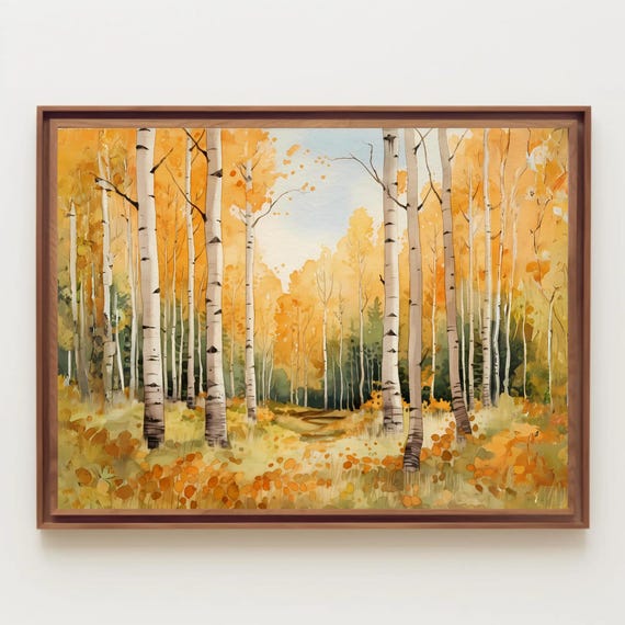 Aspen Forest During Fall Time Watercolor Painting Landscape Autumn Foliage Colorado Art Wall